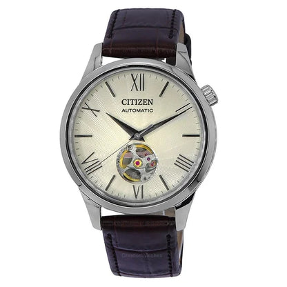 Citizen Calf Leather Strap Open Heart Ivory Dial Automatic NH9130-17A Men's Watch