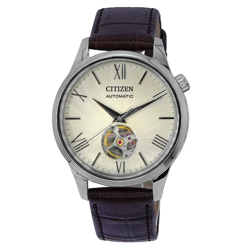 Citizen Calf Leather Strap Open Heart Ivory Dial Automatic NH9130-17A Men's Watch